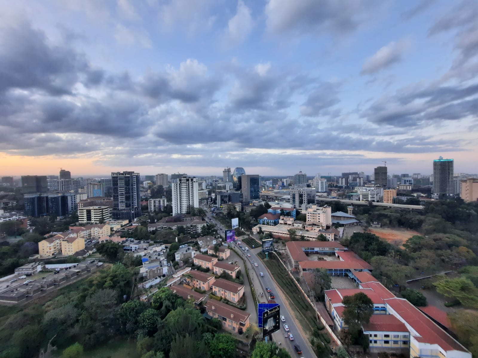 Aerial view of Nairobi's Westlands area under a cloudy sky